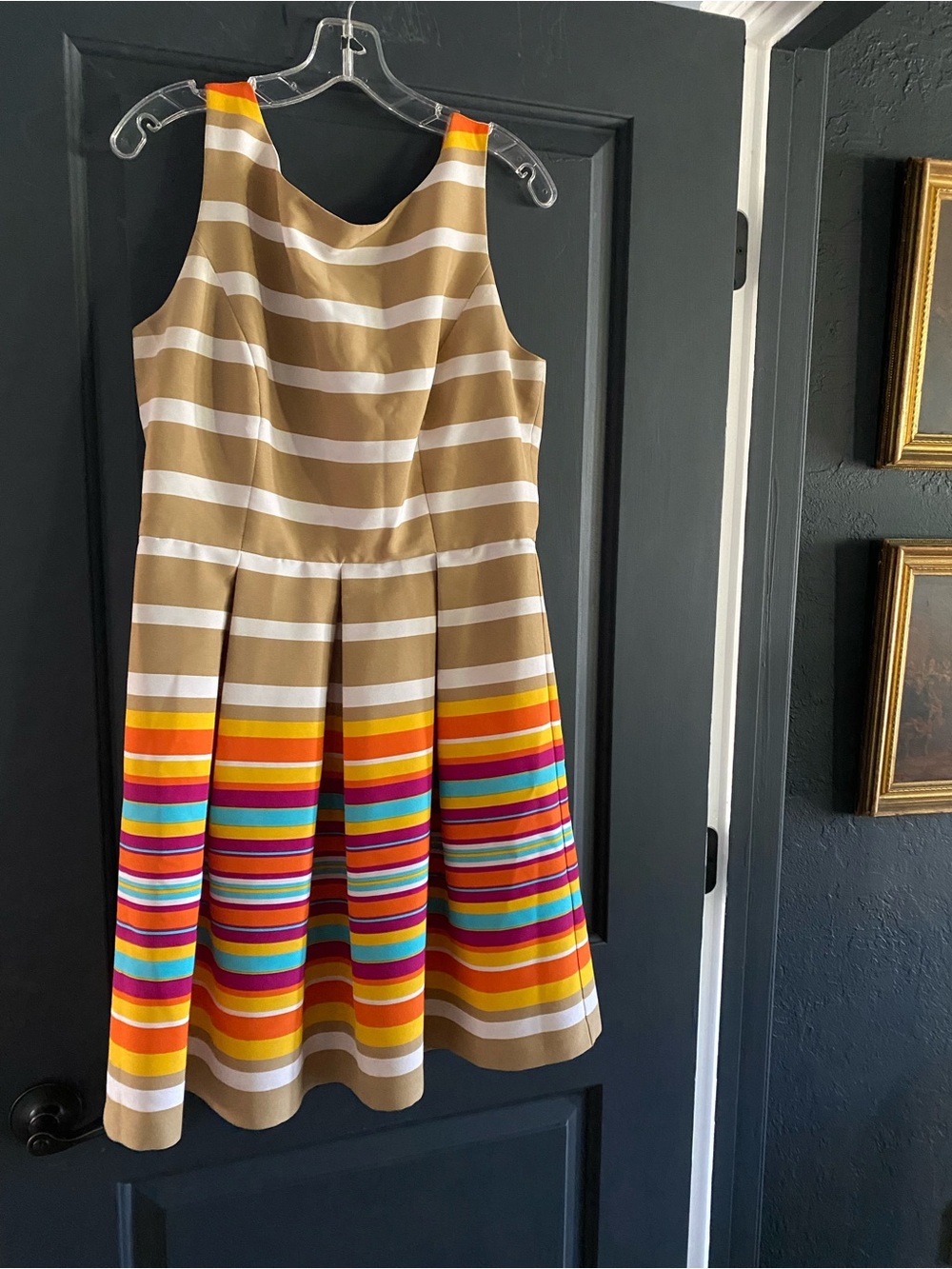 Ronni Nicole Brown Sleeveless Dress with Multicolor Stripe Hem